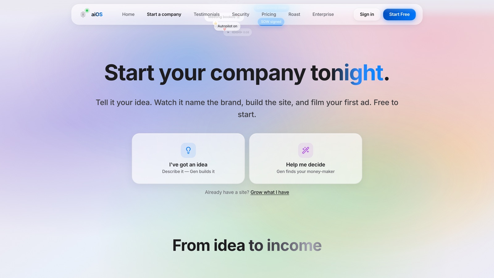 Start your company tonight — the aiOS start flow